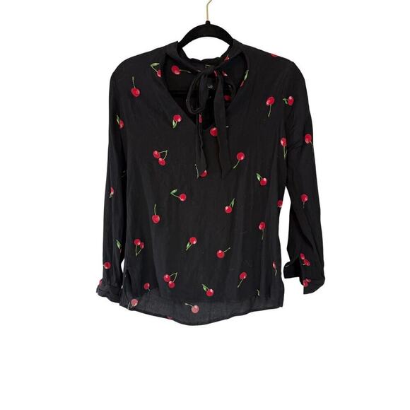 Rails Rhea Cerise blouse with cherry pattern tie neck size S